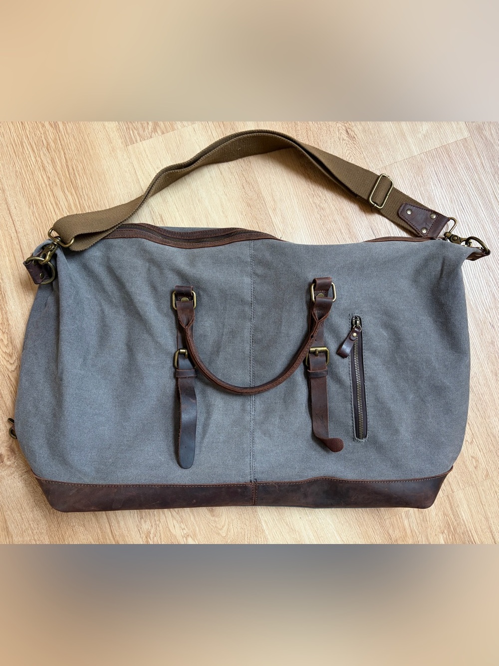 Classic Canvas Leather Tote Weekender Duffel Bag Gray Brown Unisex